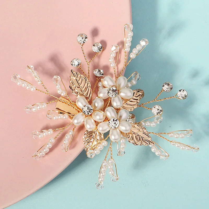 Fashion Gold Color Flower Bridal Barrettes pearl Rhinestone hair clip For Friends Pearl Bridal Wedding Hair Accessories hair accessories bridal hair accessories bridal jewelry set