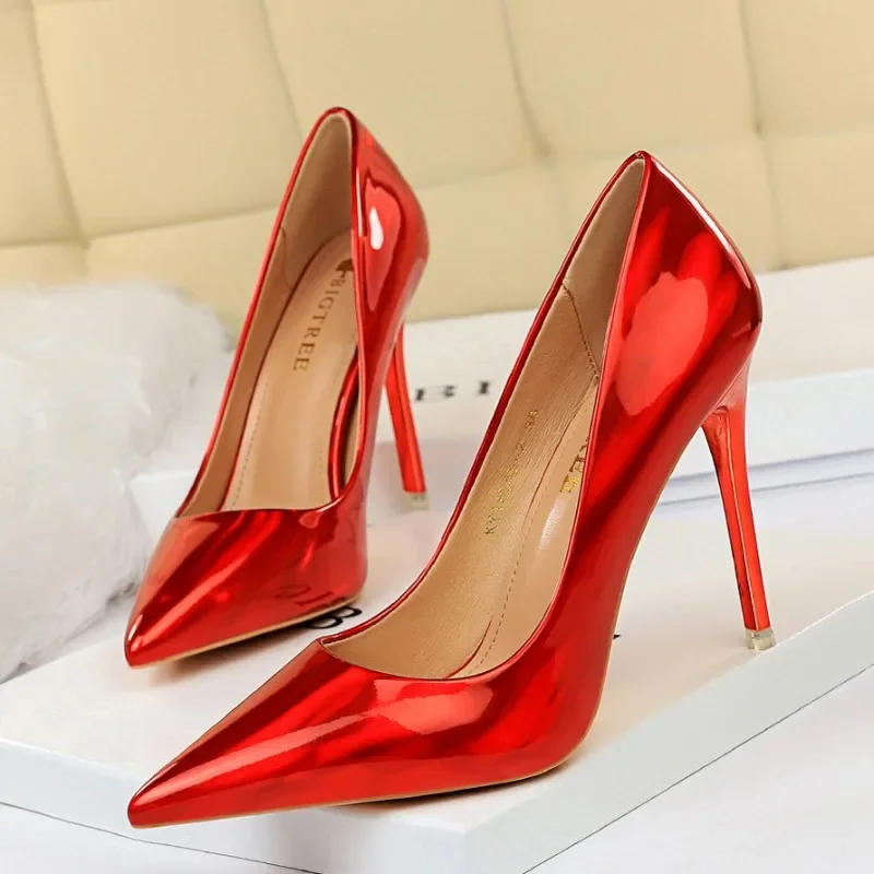 

Bright Patent Leather Ladies Work Shoes Autumn Shallow Fashion Women Pumps Pointy Toe High Heels Sexy Party Shoe Woman Plus Size