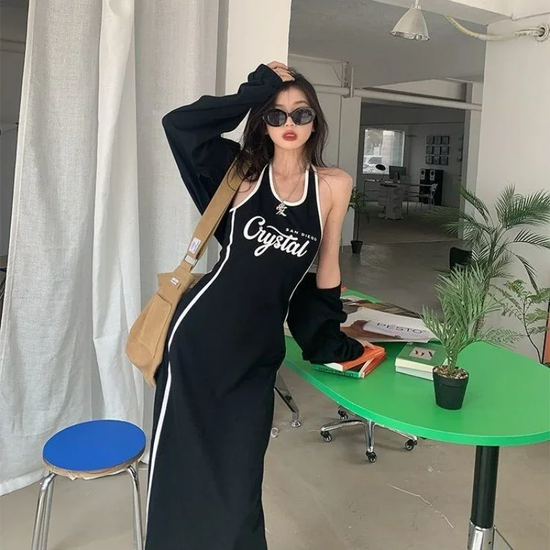 

Spicy Girl Slim Fit Pure Desire Style Age Reducing Off Shoulder Caution Machine Hanging Neck Strap Y2K Dress Coat Two Piece Set