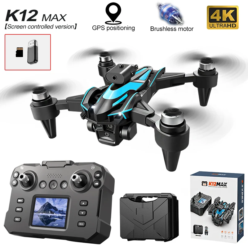 K12max FPV Drone Three HD Camera Liquid Crystal Display RC Quadcopter Brushless Motor Aerial Photography Optical Flow Dron drone quadcopter