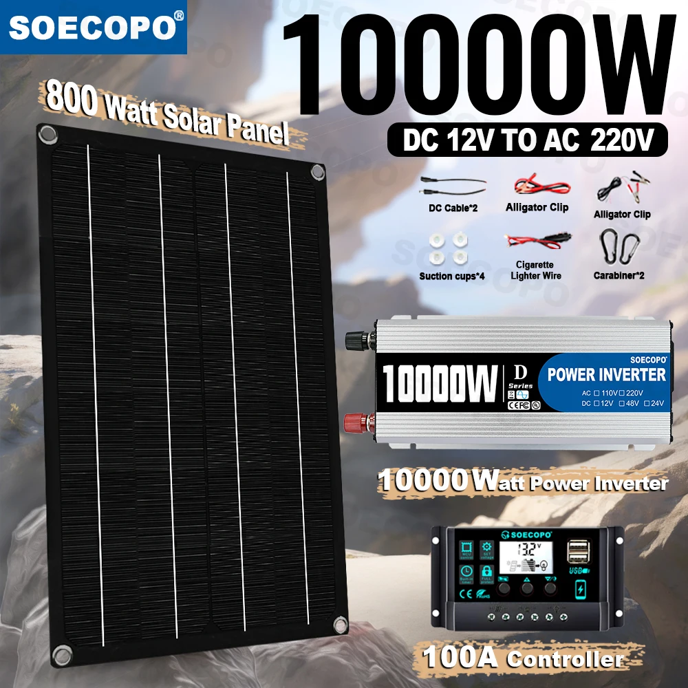 ชุดระบบพลังงานแสงอาทิตย์ SOECOPO 10000W พร้อมแผงโซลาร์เซลล์ 800W ตัวควบคุม 100A อินเวอร์เตอร์ 12V เป็น 220V 110V สำหรับตั้งแคมป์/รถบ้าน/บ้าน 1