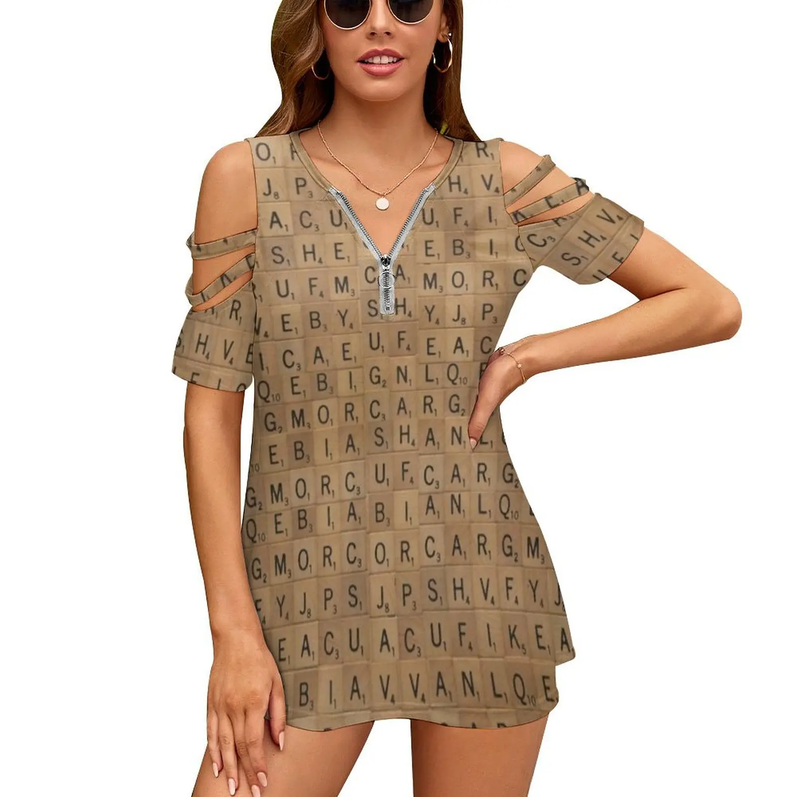 Scrabble Wood Letter Game Pieces Pattern Women Zipper Sexy Printed Vintage T-Shirt Top Full Print T-Shirt Scrabble Board Game