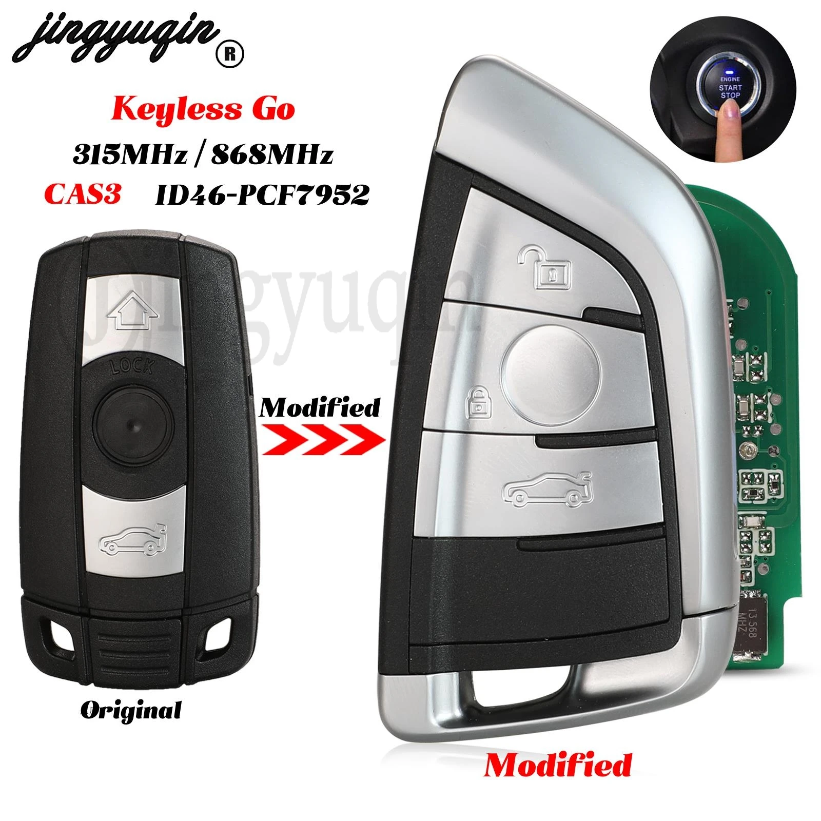 

Модифицированный ключ jingyuqin CAS3 без ключа Go Smart Remote для BMW серии 3/5/6 X5 X6 315 МГц/868 МГц PCF7952 чип 3 кнопки