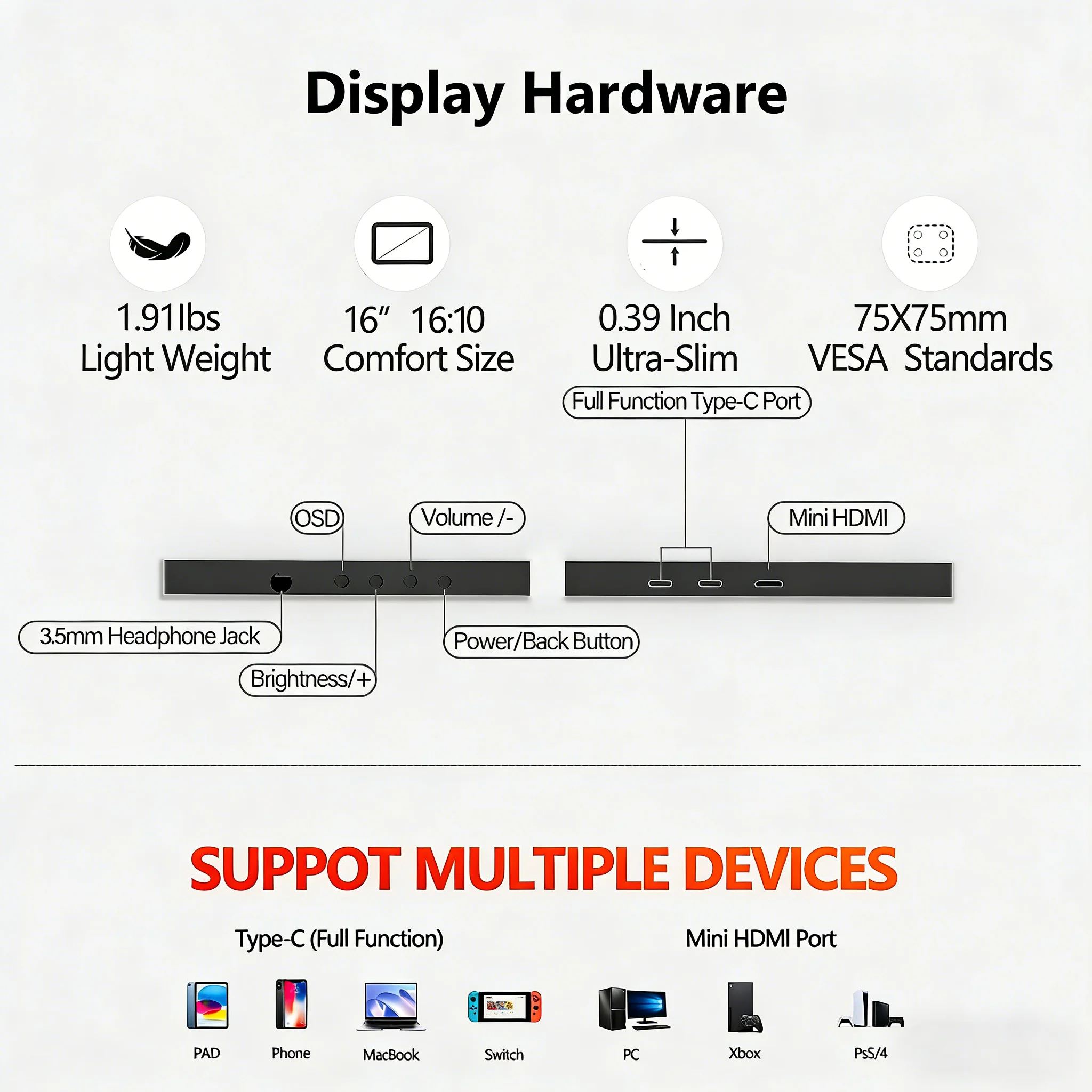 16인치 2.5K 144Hz 휴대용 게이밍 모니터, 500니트 IPS 무광 화면, 노트북, 맥, 스위치, PS5/4용 USB-C HDMI 외부 디스플레이