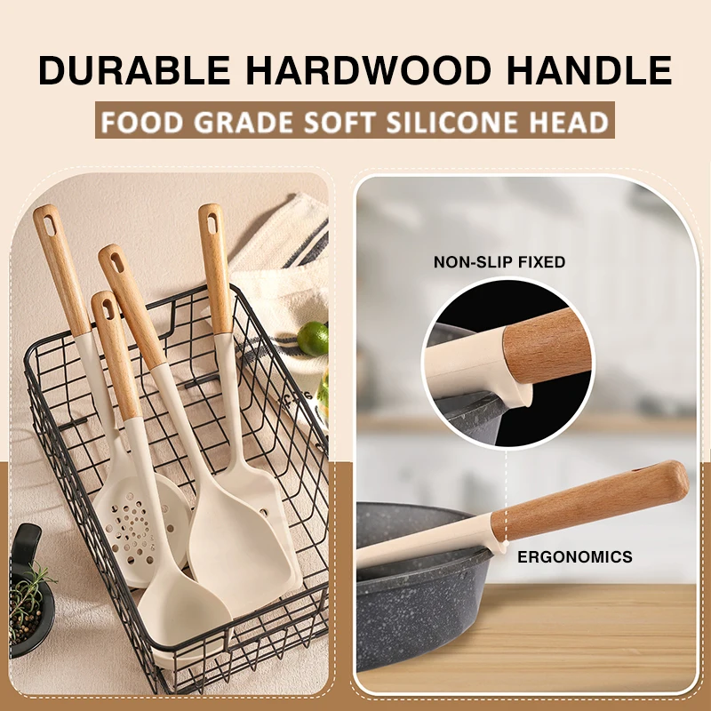 Silicone Kitchen Cooking Utensils Set Hardwood Handle Heat Resistant Tool Non-stick Turner Slotted Spoon Spatula Kit