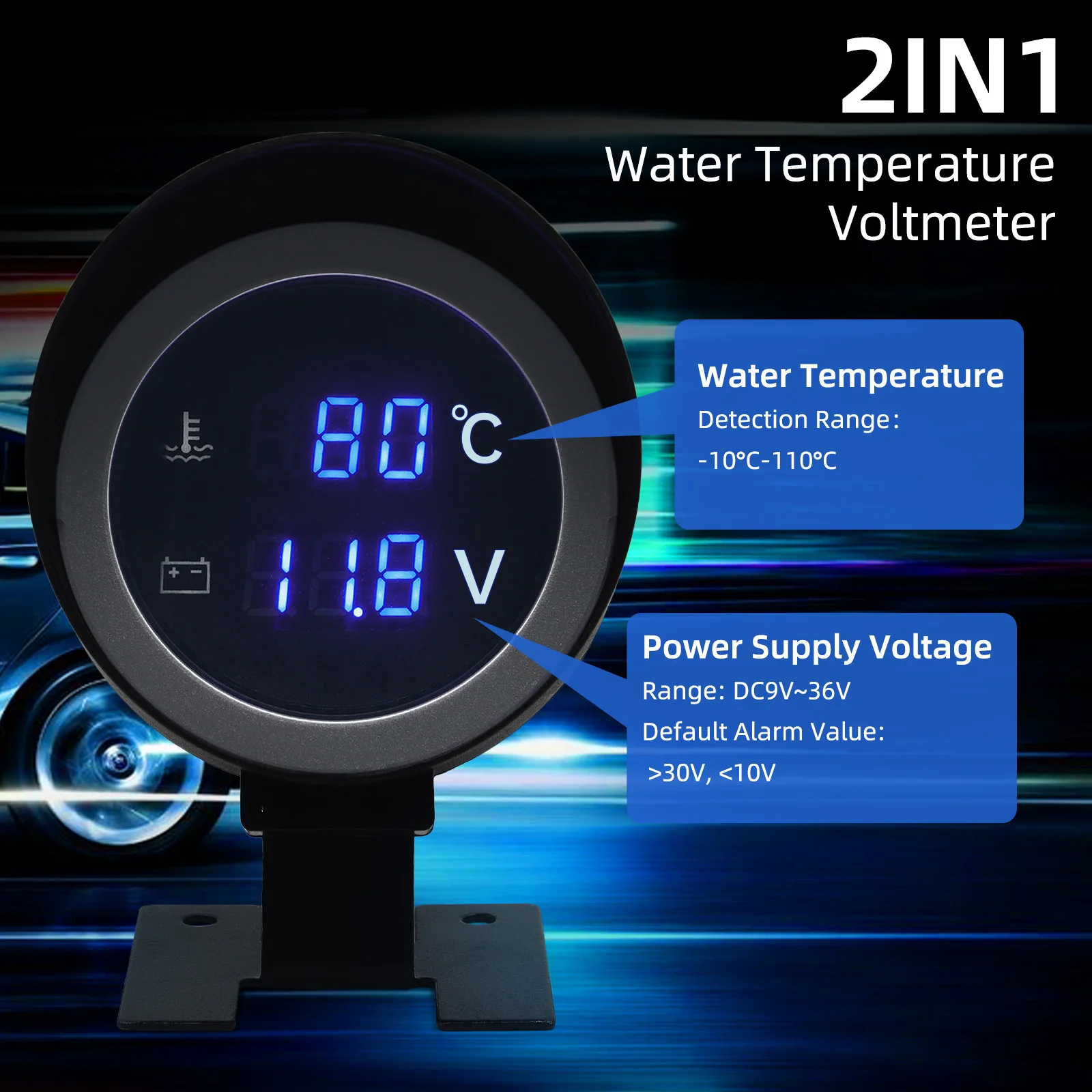 Water Temperature Gauge Automobile Gauge Universal 2 IN 1 Car Round LCD Digital Water Temperature Gauge Water Temp Joint Pipe Sensor 10MM Adapter Voltmeter 12V/24V