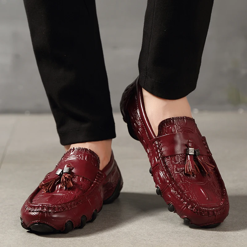 Men Genuine Leather Business Shoes Crocodile Pattern Loafers Moccasins Driving Flats Slip-On Casual
