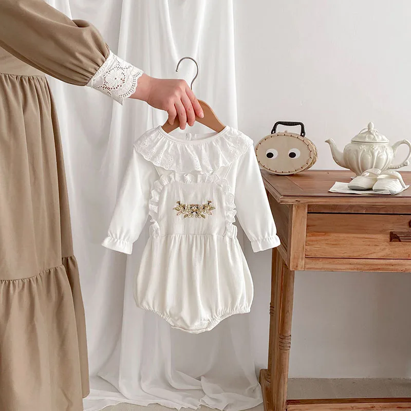 Cute Embroidered Flowers Baby Girls Overalls Bodysuit