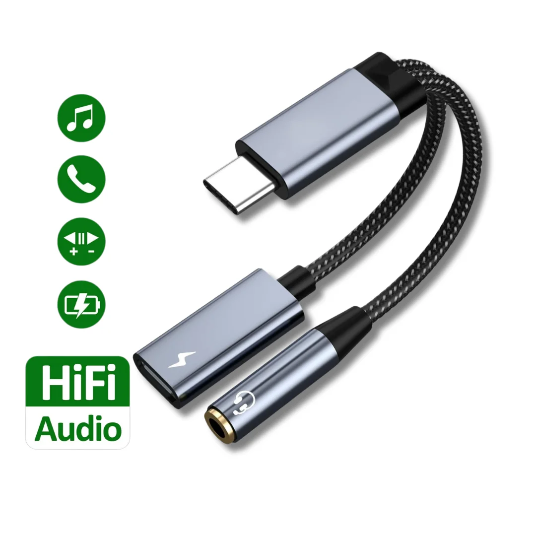 2-in-1 USB-C to 3.5mm & 60W PD Charger Adapter, HiFi Audio with DAC Chip, Fast Charging for Samsung/Google/iPad Pro/MacBook