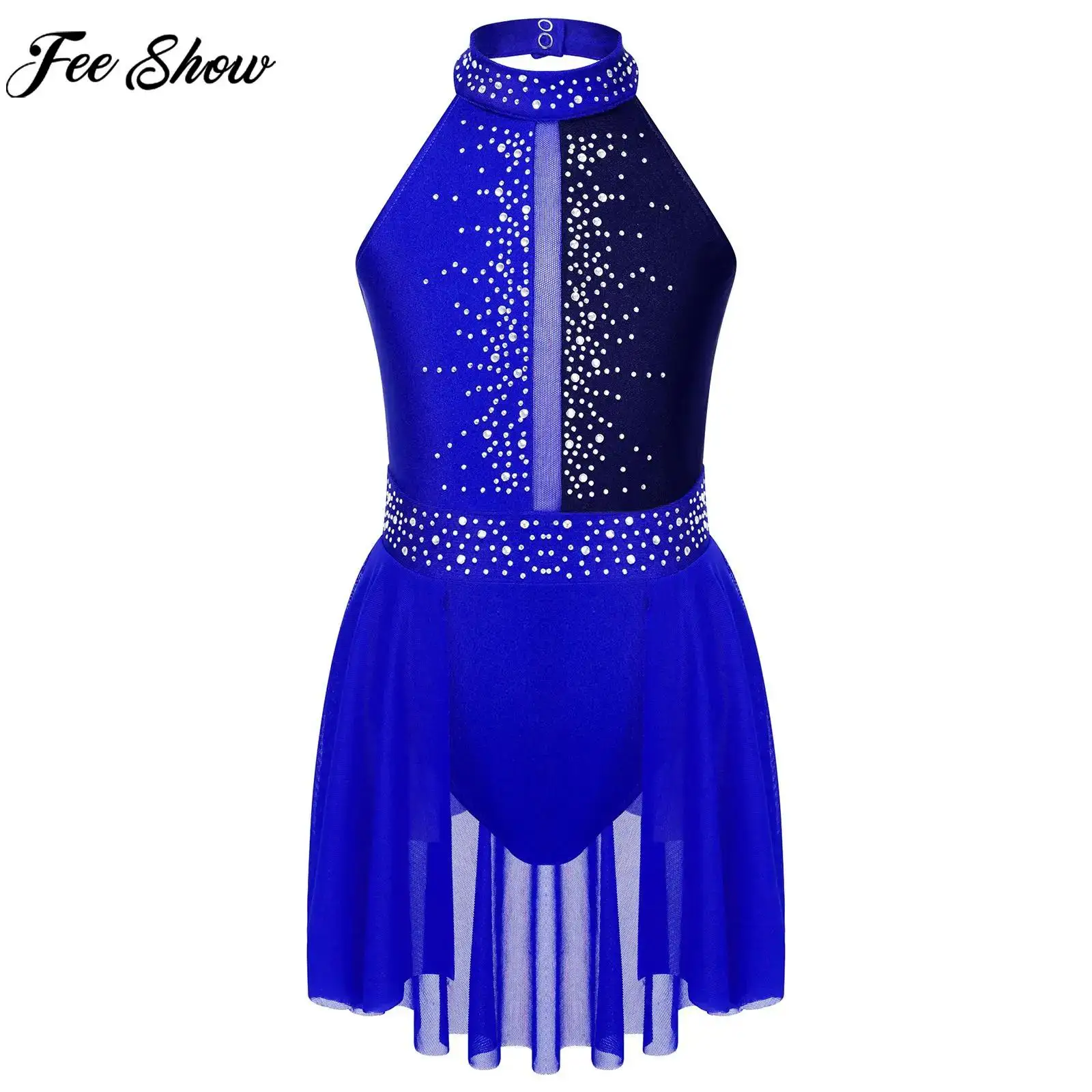 

Girls Lyrical Dance Dress Ballet Figure Skating Gymnastics Leotard Dress Shiny Rhinestone Decor Dancewear for Stage Performance