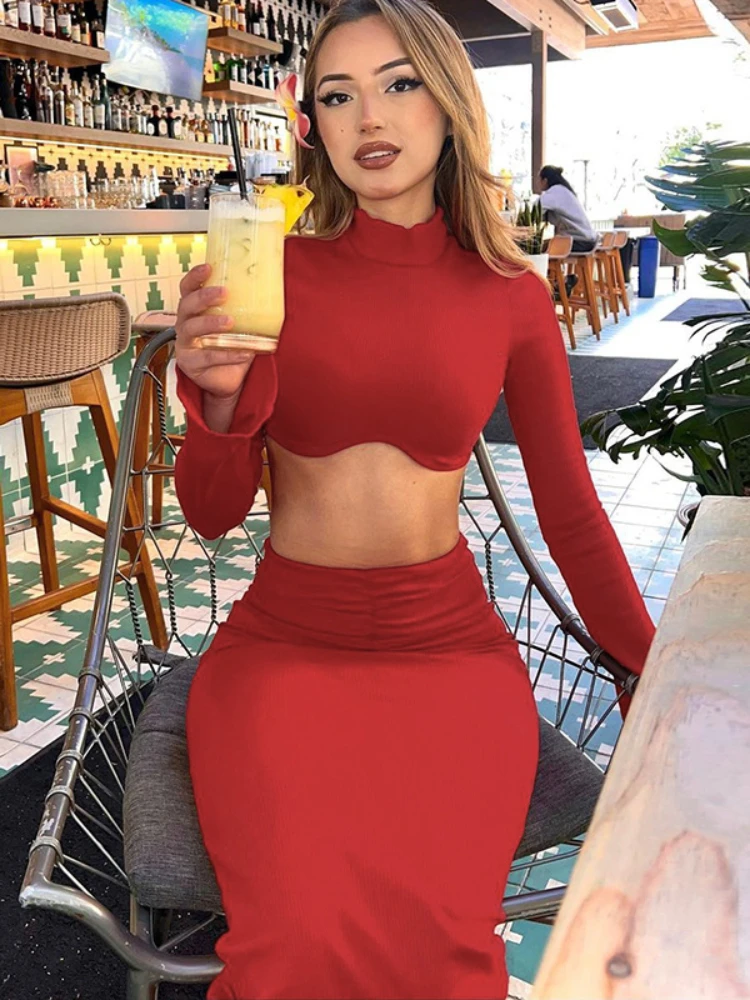 

Женский элегантный укороченный Топ с длинным рукавом и юбка с высокой талией, комплект из 2 предметов, уличная одежда, женское вечернее платье со складками, осень 2023