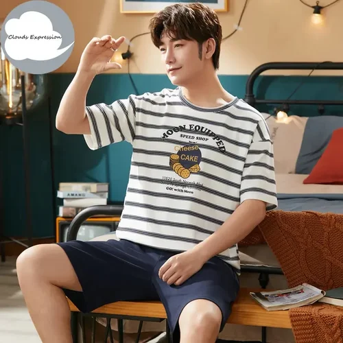 남성용 반팔 니트 파자마 세트, 레터 레터 파자마, 남성용 잠옷 슈트, 홈웨어, 사이즈 xXXXL, 여름 3