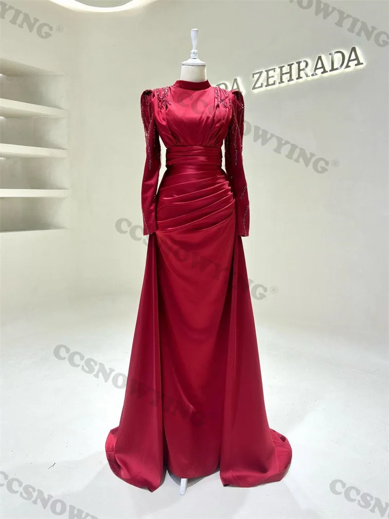 

Burgundy Satin Apppliques Muslim Evening Dress Long Sleeve Hijab Islamic Formal Party Gowns Women Arabic Dubai Robe De Soirée
