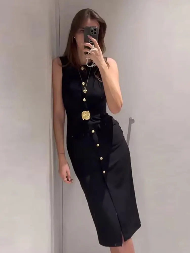 HH Women Elegant Solid Dress Back Zipper O Neck Sleeveless Dresses With Belt 2025 Summer Casual Office Lady Dress Vestidos