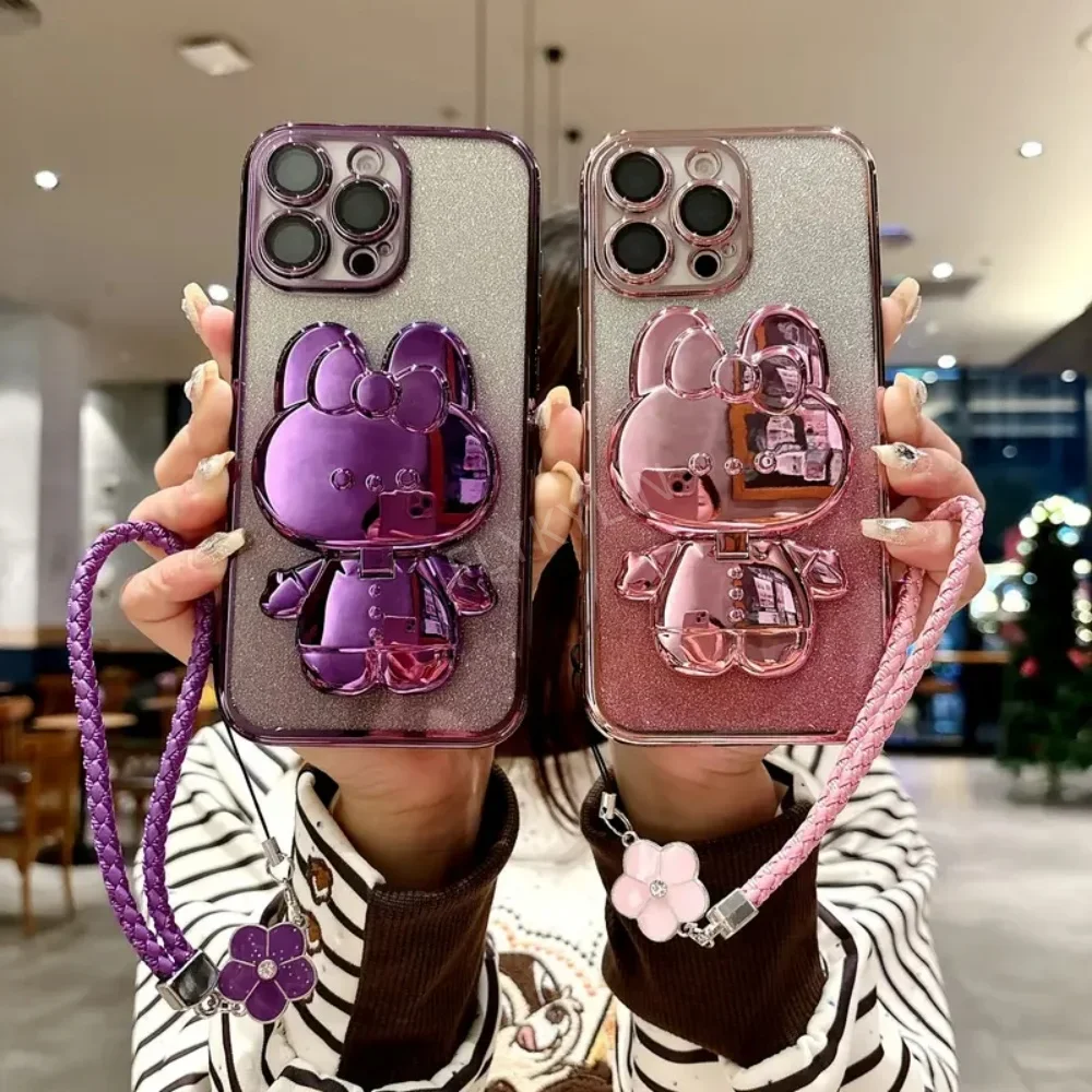 Luxury Glitter Rabbit Mirror Phone Case with Four Leaf Clover Hand Rope