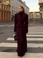 Fashion High Waist Flap Pockets Long Coats Elegant Burgundy Lapel Single Breasted Wool Blends Overcoat New Lady Street Outerwear 1