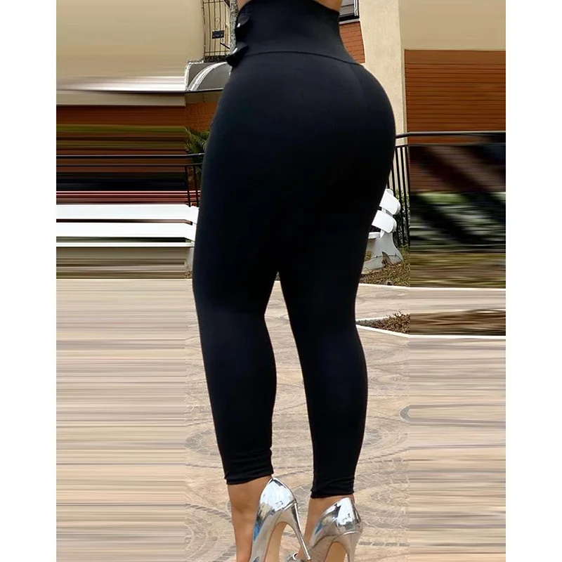 2023 Women Fashion Elegant Solid Color High Waist Button Pants Sexy Skinny Trousers for Ladies Casual Harajuku Pant with Zipper