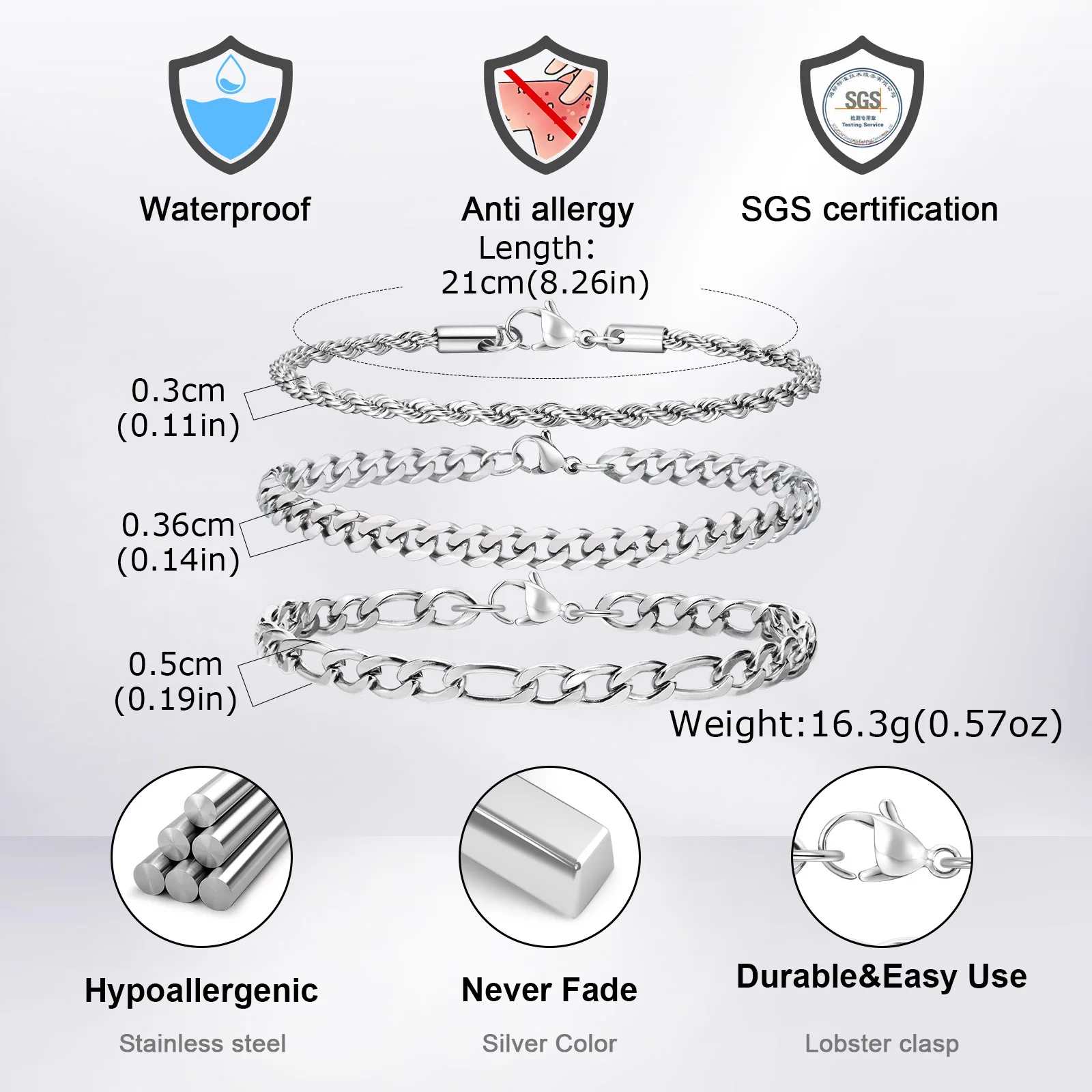 3pcs Men's Chain Bracelet,Never Fade Stainless Steel Cuban Chain Wristband,Casual Simple Silver Color Chains Jewelry Gift