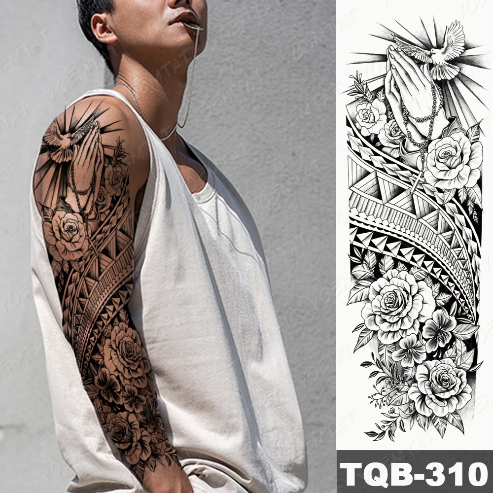 Large Full Arm Sleeve Tattoo Maori Totem Waterproof Temporary Tatoo Sticker Black Men Women Flowers Prayer Cross Fake Tatto