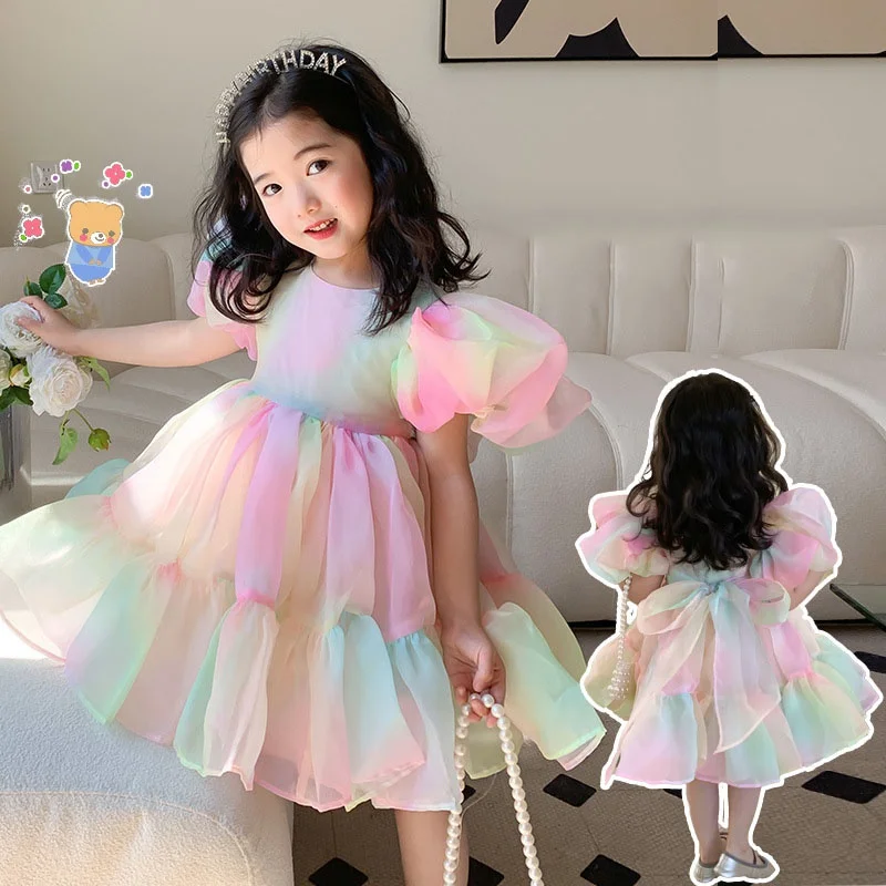 Shop Teeta Girls Pastel Party Bows Print Smocked Dress - Puffy Sleeves main image 1