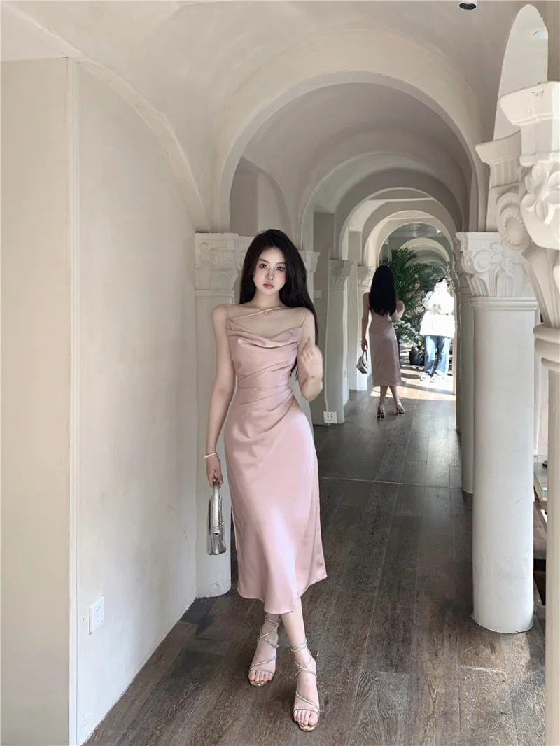 Sexy Satin Midi Dress Women New Summer Spaghetti Strap Slim Swinging Collar Split Evening Party Dresses Prom One Piece Vestido