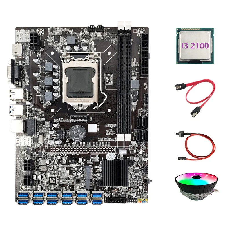 B75 ETH Mining Motherboard 12 PCIE To USB3.0+I3 2100 CPU+Switch Cable+SATA Cable+RGB Fan LGA1155 B75 USB Motherboard best pc mother board