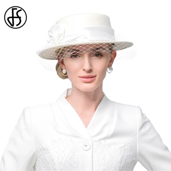 FS White Fedoras Luxury Flat Top Hats For Women With Veil New Wedding Ceremony Millinery Spring Autumn 100% Wool Felt Cap