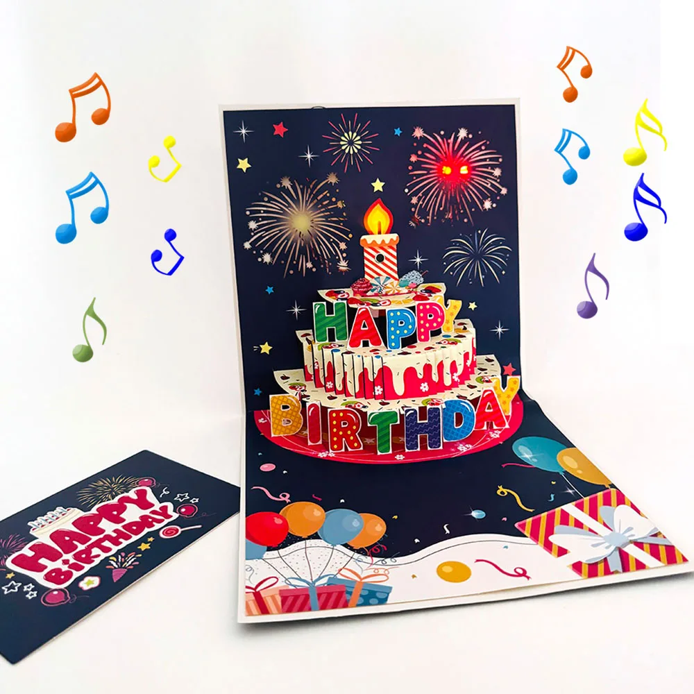 LED 촛불 및 불꽃 놀이가 있는 3D 팝업 생일 카드-누구나 생일 축하 인사 뮤지컬