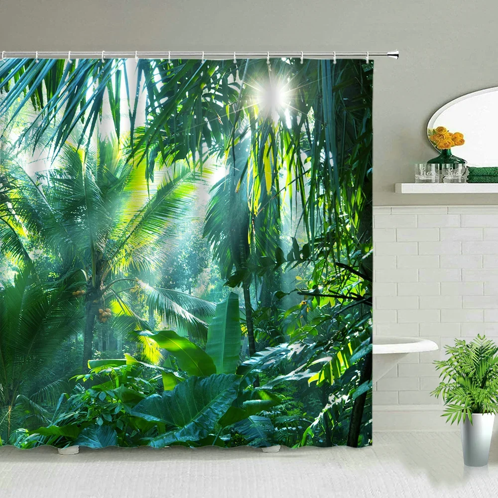 Tropical Palm Leaves Shower Curtain Set with Seasonal Decor Accents