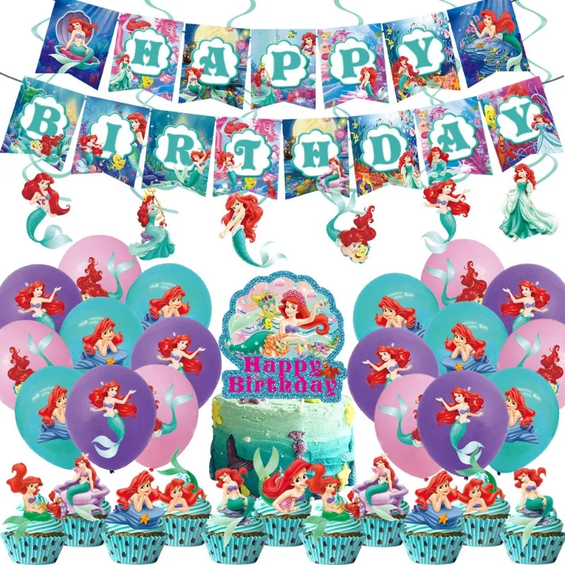 Disney Little Mermaid Theme Girl's party supplies Birthday Party Banner Paper Cup Balloon Table Cloth