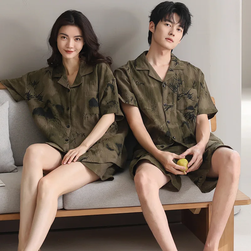 여성과 남성 매칭 코튼 잠옷 커플 여름 잠옷 세트 카디건 반팔 반바지 잠옷 Hombre Mujer Dropship