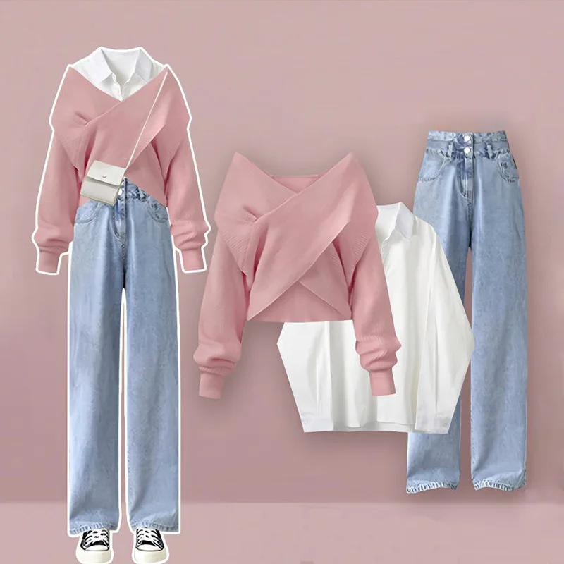 Autumn and Winter New Full Set Women's 2023 Knitted Sweater Shirt Women's Slim Fit Jeans Three Piece Setwinter Clothes Womenpant