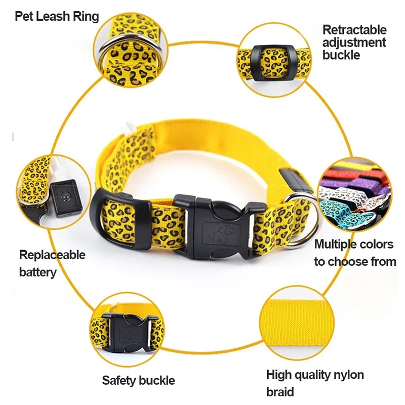 Leopard Pet Dog Collar Led Retractable Dog Leash Adjustable Luminous Glowing Collar Light Flashing USB Loss Prevention Neck Belt