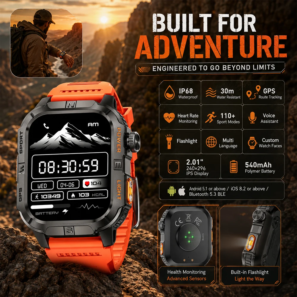 Smartwatch da Uomo con 6 Posizionamenti Satellitari, Impermeabile IP68, Chiamate BT, Batteria 540mAh, Schermo HD 2.01, 100+ Modalità Sportive