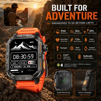Smartwatch da Uomo con 6 Posizionamenti Satellitari, Impermeabile IP68, Chiamate BT, Batteria 540mAh, Schermo HD 2.01, 100+ Modalità Sportive