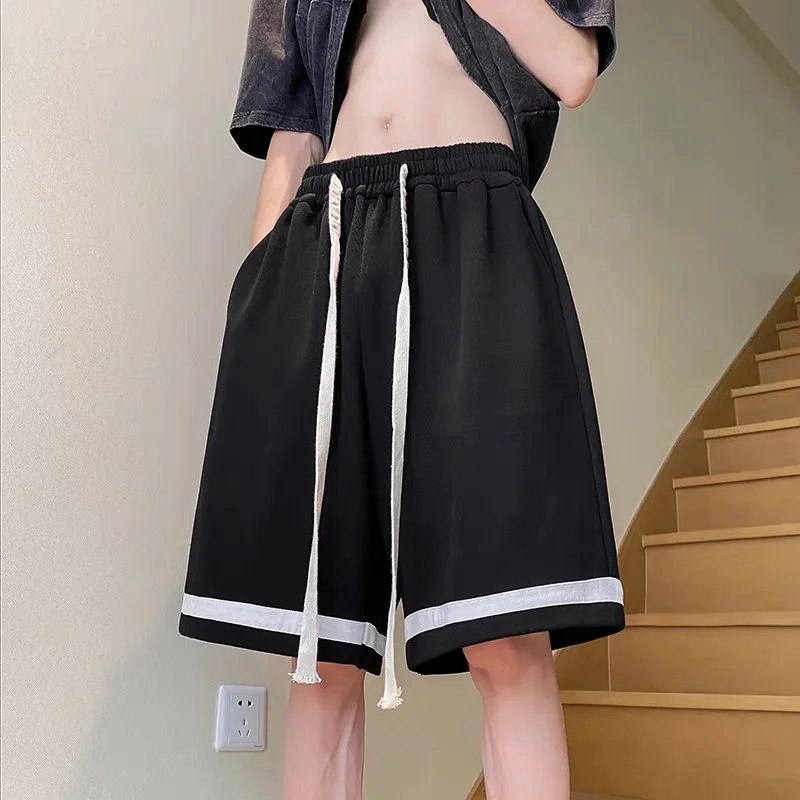 Summer New Trousers Men's Color Mid Waist Elastic Drawstring Pockets Preppy Style Casual Loose Sweatpants Knee Pants Pants