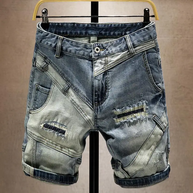 New Men's Ripped Jeans Trendy Splicing Loose Denim Shorts High Street Fashion Hip-Hop Streetwear Men's Clothing shorts for men