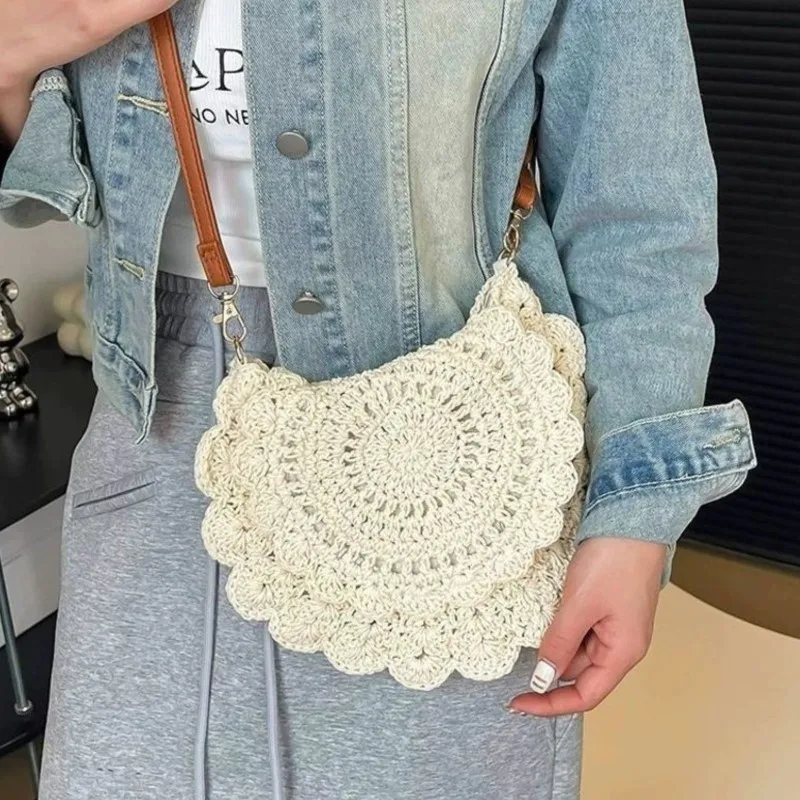 JIAERDI Flower Lace Crochet Knit Shoulder Bags Women Summer Vacation Straw Woven Beach Bag Ladies Casual Versatile Crossbody Bag