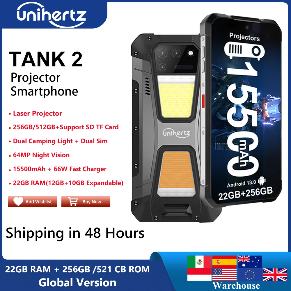 Unihertz 8849 Tank 2 Projector Rugged 22GB RAM 256GB ROM 108MP Camping  Light 64MP Super Night Vision G99 15500mAh Support SD TF - AliExpress