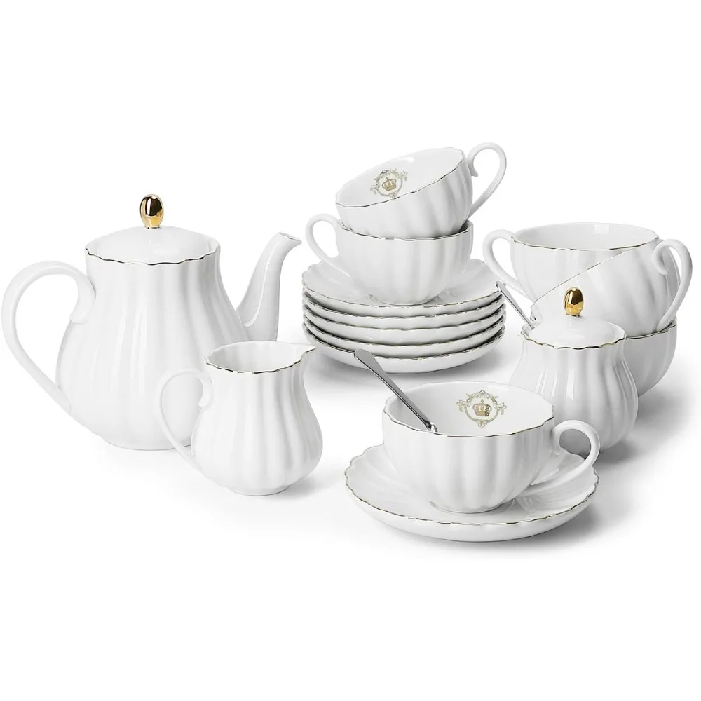 

White Tea Tools Set Includes 28 Oz Teapot Sugar Bowl Coffeeware Teaware Cream Jug Teaspoon and Tea Strainer Pumpkin Groove Shape