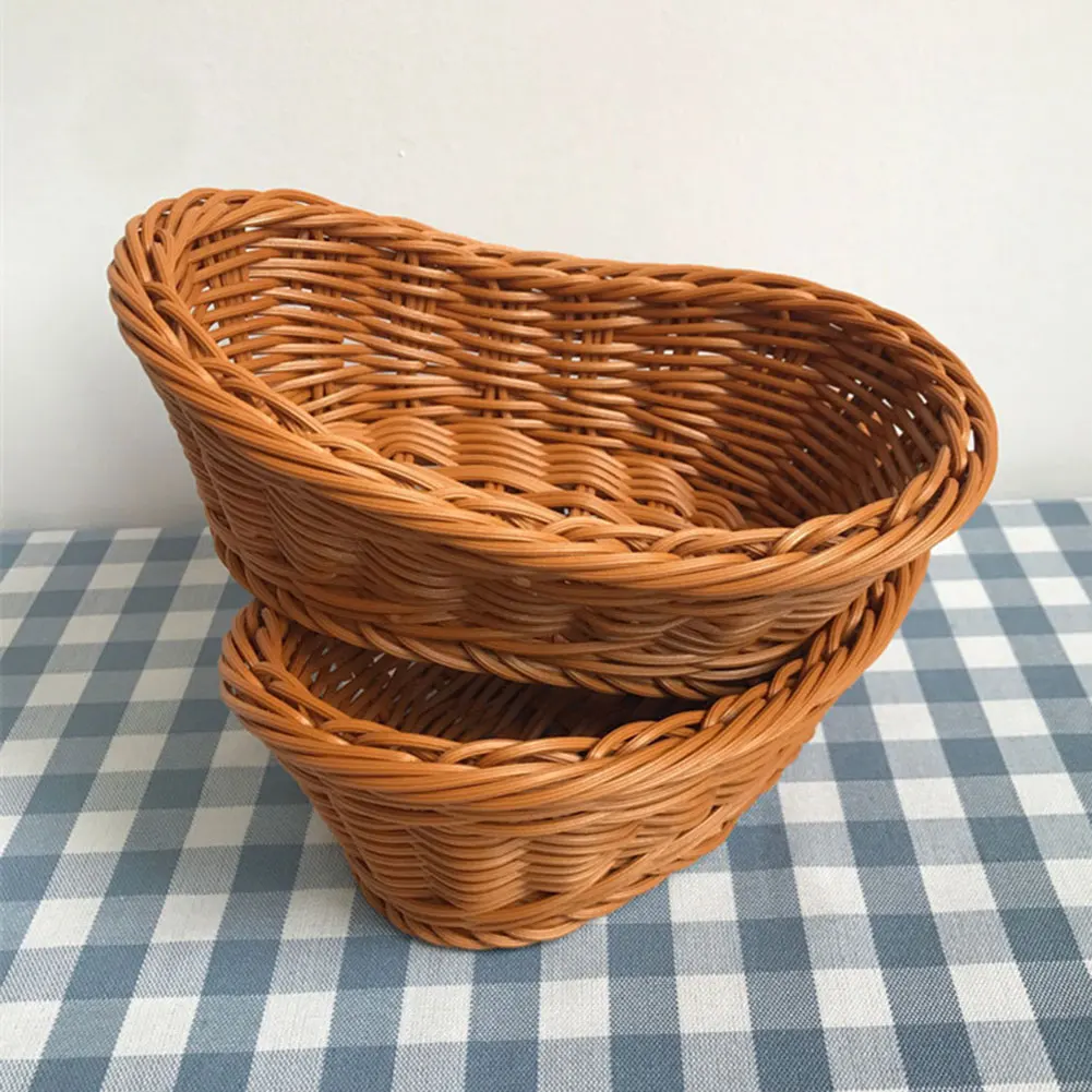 Handwoven Rattan Wicker Bread Basket Food Fruit Tea Snack Tray Picnic Cosmetic Storage Box Kitchen Supplies Household Tools