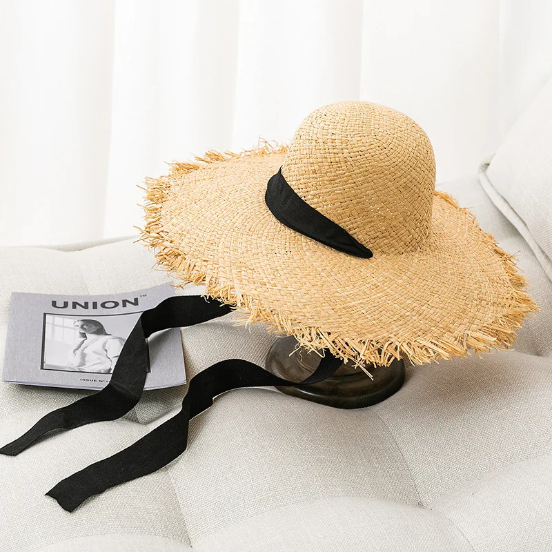 

White ribbob straw hat Summer ladies Ins breathable tassel raffia hats Floppy large brim sunscreen panama cap Sun hats gorros