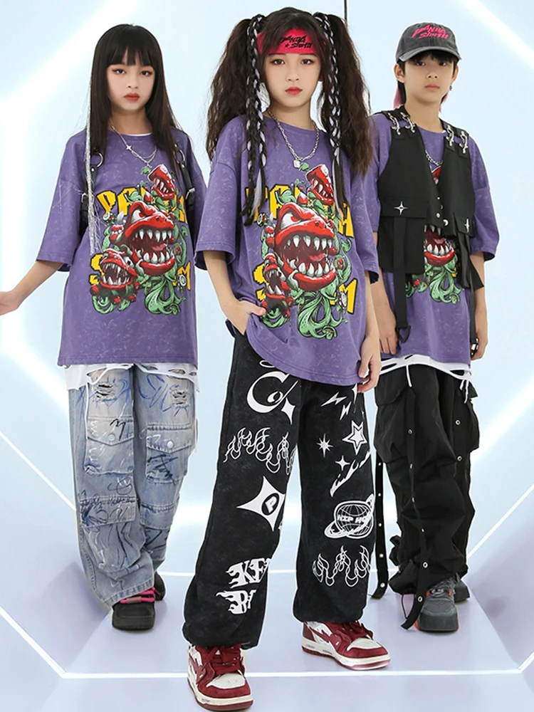 

2024 New Hip Hop Dance Clothing Kids Purple Loose T Shirt Pants Boys Street Dance Girls Jazz Kpop Performance Costume BL12686