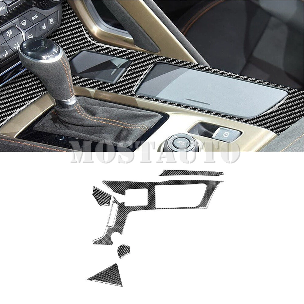 

For Chevrolet Corvette C7 Soft Carbon Fiber Center Console Water Cup Holder Panel Cover Trim 2014-2019 5pcs （2 Color）