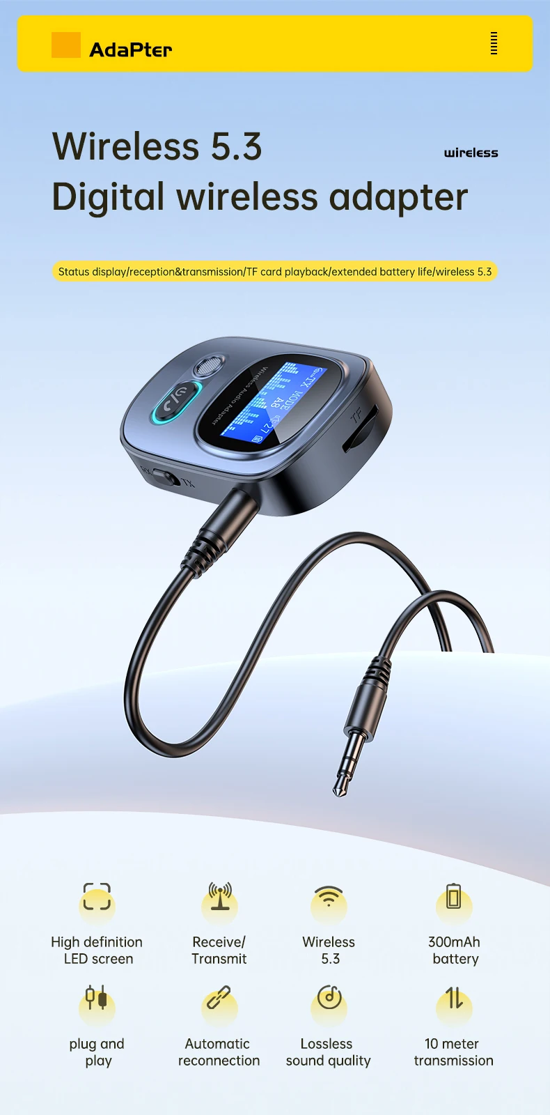 Bluetooth 5.3 Receiver for Car with led Display Aux Bluetooth Car Adapter Wirele