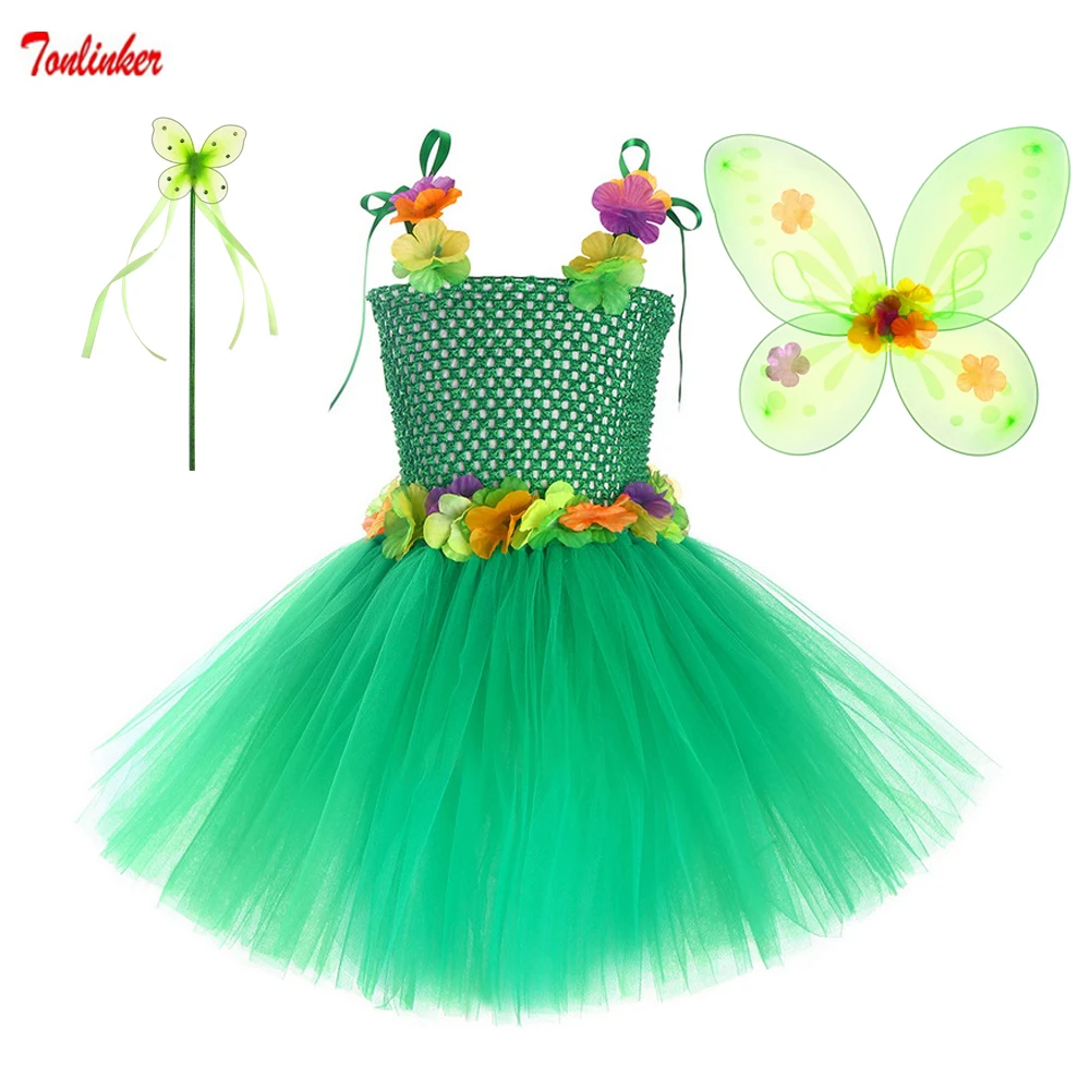 

Girls Flower Fairy Costume Christmas Kids Birthday Party Green Forest Sprite Mesh Tutu Dresses Halloween Princess Cosplay Costum