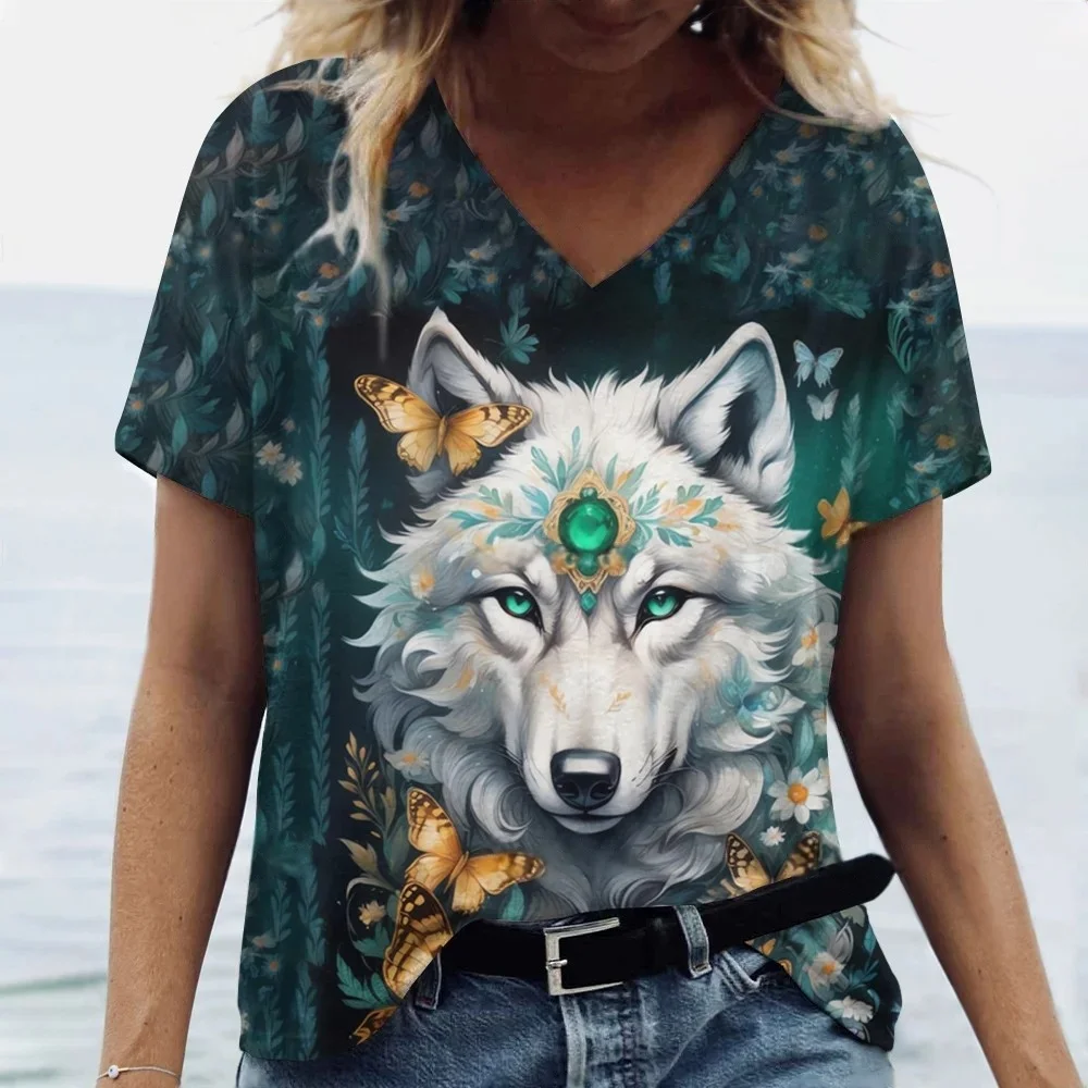 womens-3d-wolf-print-vneck-tshirt-summer-casual-short-sleeve-tee