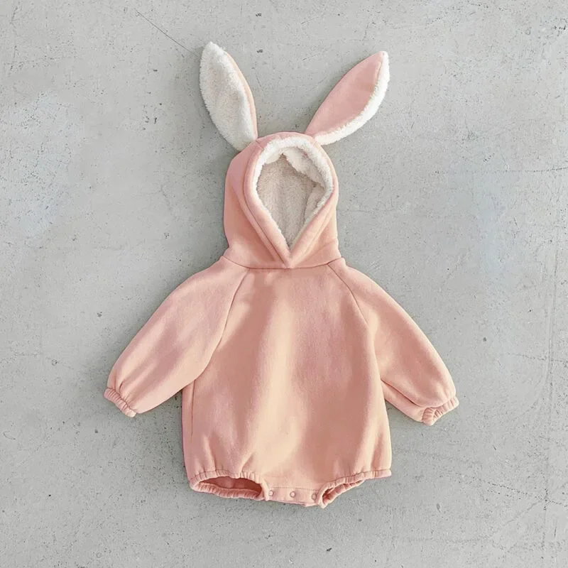 Adorable Rabbit Ear Fleece Lined Baby Romper Hooded Unisex Winter Clothes Bottom Covering Crawling Suit for Boys And Girls