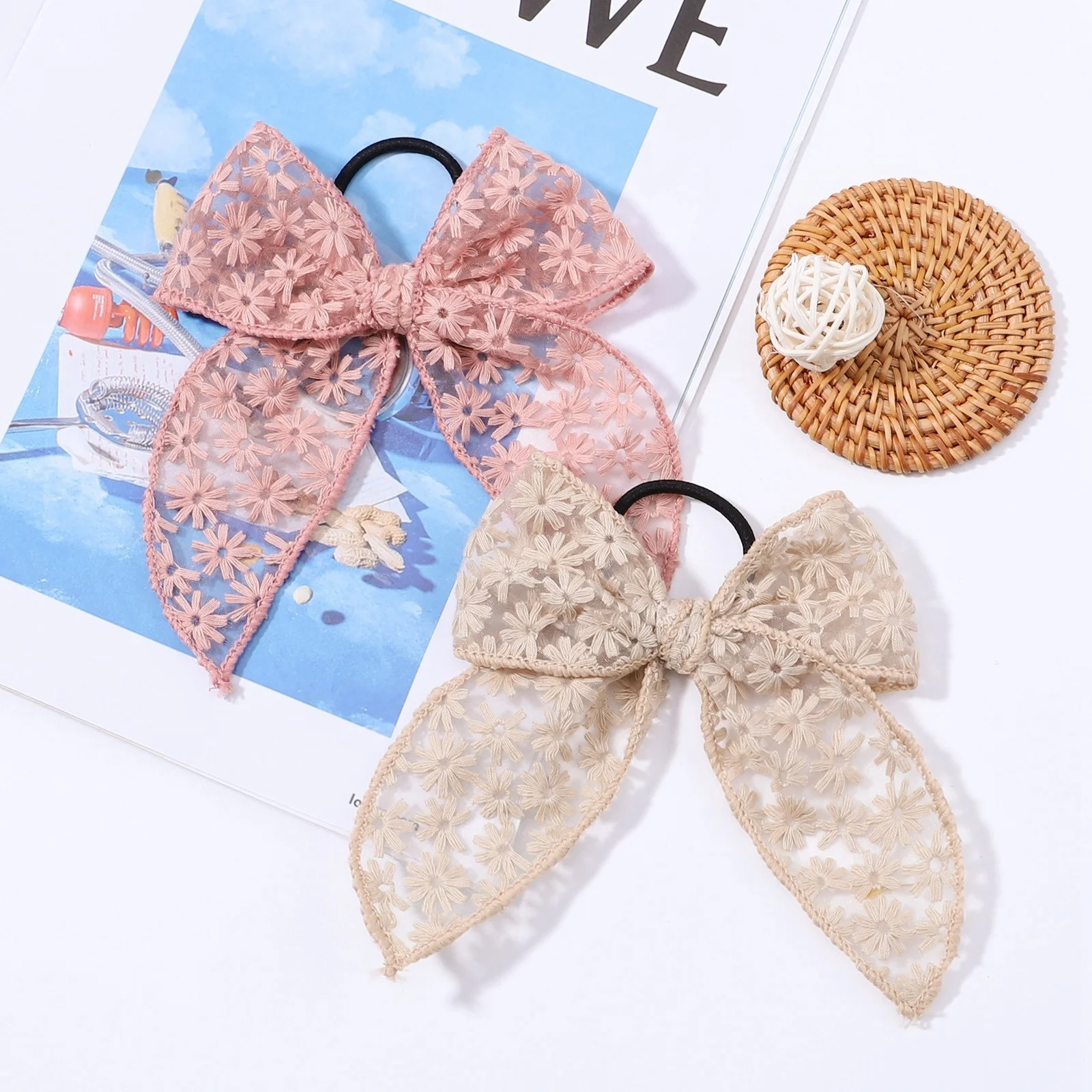 1PC Lace Bow Hair Ties Set, Beige & Pink Floral Bows, Elegant Hair Accessories For Women