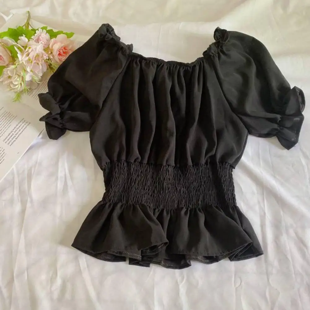 

Casual Blouse Regular Length Spring Autumn Puff Long Sleeve Pullover Top Elastic Waist Lightweight Chiffon Blouse Streetwear